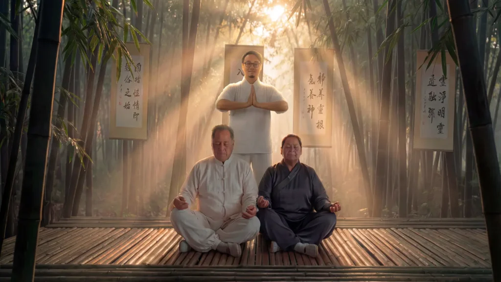 Fundadores de Sembradores de Qi meditando en un bosque de bambú, con la presencia etérea y luminosa del Maestro Hui Yu detrás de ellos, representando la guía del linaje Zhineng Qigong.