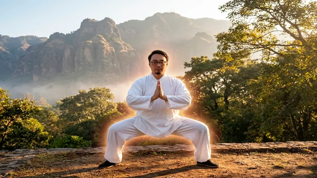 Teacher Hui Yu realizando la postura de segundo nivel de Zhineng Qigong en un paisaje natural.